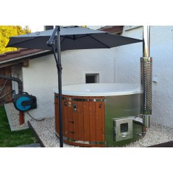 A pre-configured hot tub with accessories, delivered free of charge